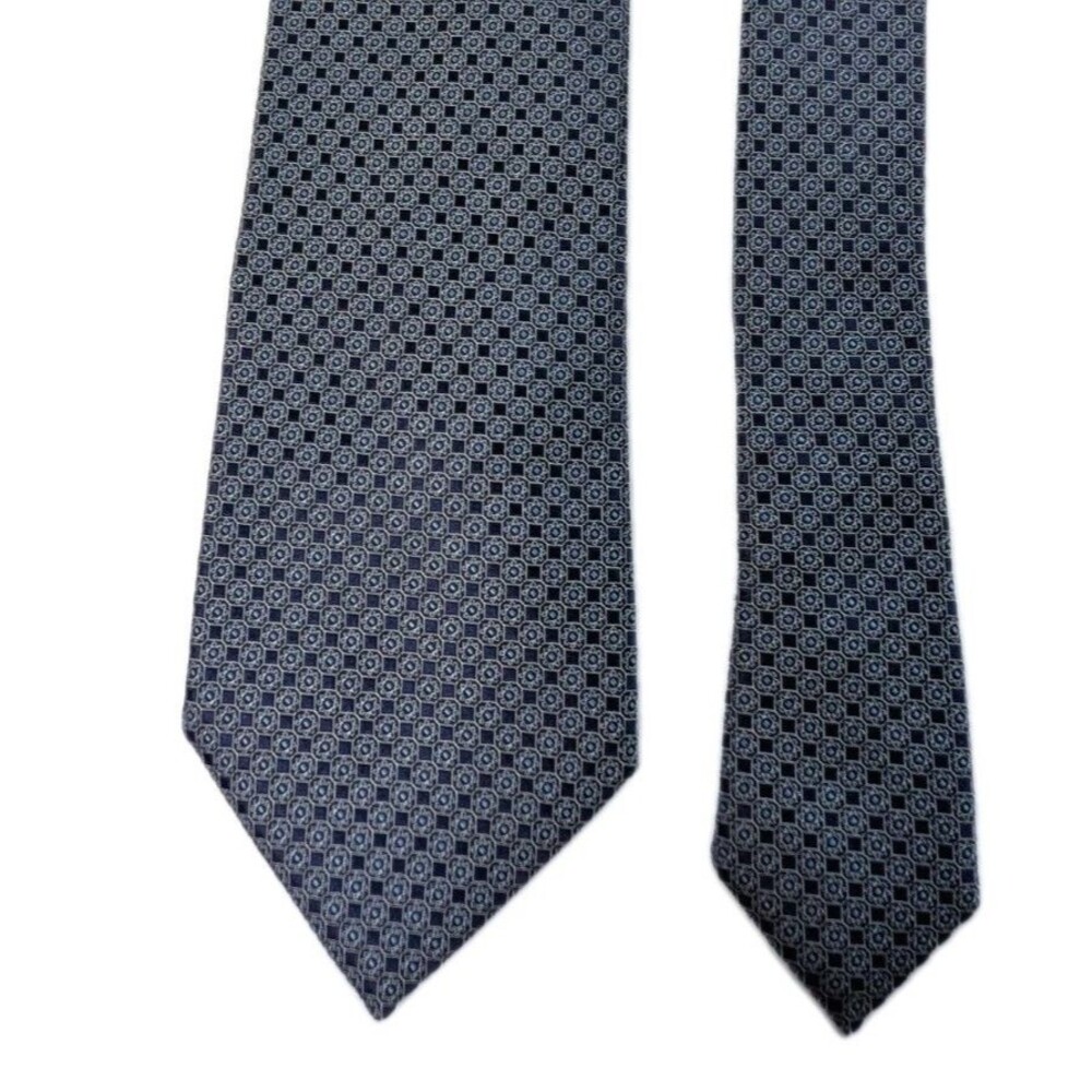 Ermenegildo Zegna Necktie Tie Navy Blue Geometric Square 100% Silk Made in Italy